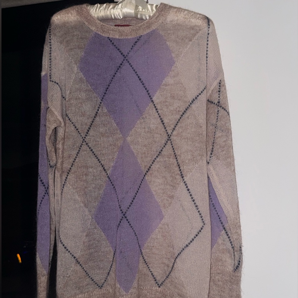 STAUD Oversized Sheer Argyle Sweater – Lilac & Taupe Mohair Blend (M)